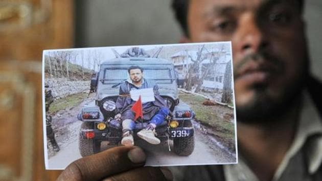 Farooq Ahmad Dar was tied to an army jeep and used as a human shield during the Srinagar Lok Sabha bypolls on April 9, 2017. (Waseem Andrabi/HT Photo) Farooq Ahmad Dar was tied to an army jeep and used as a human shield during the Srinagar Lok Sabha bypolls on April 9, 2017. (Waseem Andrabi/HT Photo)