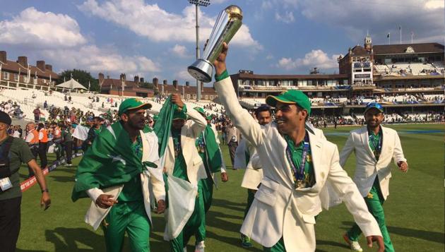Fakhar Zaman (with the trophy) became the third Pakistan batsman to score a century in Champions Trophy. (Twitter ) Fakhar Zaman (with the trophy) became the third Pakistan batsman to score a century in Champions Trophy. (Twitter )