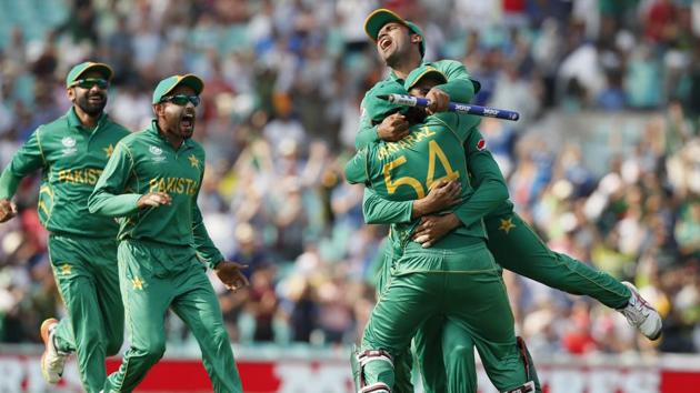 Pakistan players celebrate with captain Sarfraz Ahmed after beating India by 180 runs to win the ICC Champions Trophy final. (AP) Pakistan players celebrate with captain Sarfraz Ahmed after beating India by 180 runs to win the ICC Champions Trophy final. (AP)
