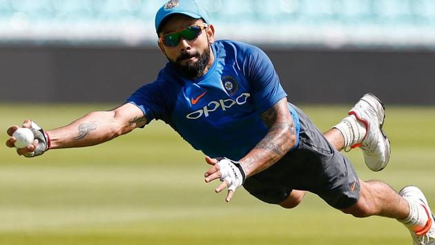 Indian cricket team captain Virat Kohli during fielding drills on Saturday, the eve of the ICC Champions Trophy 2017 final against Pakistan cricket team at The Oval in London.(AFP)