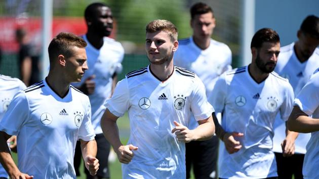 Germany's forward Timo Werner (C) attends a training session during the Russia 2017 Confederation Cup . (AFP) Germany's forward Timo Werner (C) attends a training session during the Russia 2017 Confederation Cup . (AFP)
