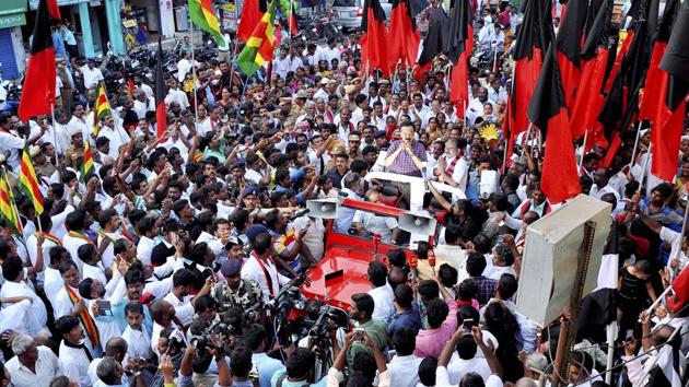 DMK treasurer MK Stalin campaigns for the party's candidate Marudhu Ganesh ahead of RK Nagar constituency bypoll in Chennai, in this file photo from April 2017.(PTI)