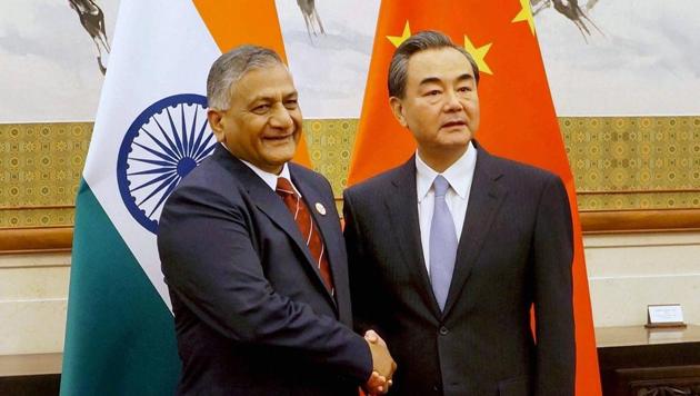 Minister of state for external affairs VK Singh with Chinese foreign minister Wang Yi in Beijing on Sunday. (PTI) Minister of state for external affairs VK Singh with Chinese foreign minister Wang Yi in Beijing on Sunday. (PTI)