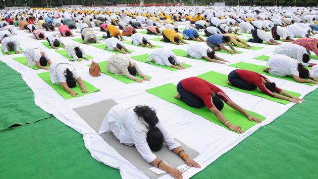 Yoga in Raj Bhawan, Lucknow ahead of the June 21 International Yoga Day in which Prime Minister Narendra Modi would be present in the city. (Subhankar Chakraborty/HT PHOTO) Yoga in Raj Bhawan, Lucknow ahead of the June 21 International Yoga Day in which Prime Minister Narendra Modi would be present in the city. (Subhankar Chakraborty/HT PHOTO)