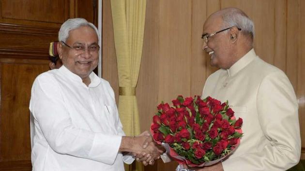 Chief minister Nitish Kumar greets Bihar governor and NDA presidential nominee Ram Nath Kovind at governor’s house in Patna on Monday. (Governor’s Secretariat) Chief minister Nitish Kumar greets Bihar governor and NDA presidential nominee Ram Nath Kovind at governor’s house in Patna on Monday. (Governor’s Secretariat)