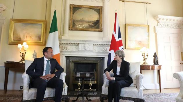 Britain's Prime Minister Theresa May (R) meets with Irish Taoiseach Leo Varadkar at 10 Downing Street in London on Monday. (AFP Photo) Britain's Prime Minister Theresa May (R) meets with Irish Taoiseach Leo Varadkar at 10 Downing Street in London on Monday. (AFP Photo)