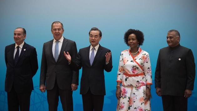 (Left to right) Brazil's Foreign Minister Aloysio Nunes, Russia's Foreign Minister Sergey Lavrov, China's Foreign Minister Wang Yi, South Africa's Foreign Minister Maite Nkoana-Mashabane and Indian Minister of State for External Affairs VK Singh before the opening of the BRICS foreign ministers meeting in Beijing on Monday. (AFP) (Left to right) Brazil's Foreign Minister Aloysio Nunes, Russia's Foreign Minister Sergey Lavrov, China's Foreign Minister Wang Yi, South Africa's Foreign Minister Maite Nkoana-Mashabane and Indian Minister of State for External Affairs VK Singh before the opening of the BRICS foreign ministers meeting in Beijing on Monday. (AFP)