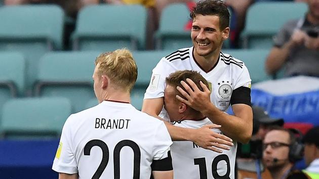 Germany's midfielder Leon Goretzka is congratulated by Joshua Kimmich after he scored a goal during the 2017 Confederations Cup group B football match against Australia. (AFP) Germany's midfielder Leon Goretzka is congratulated by Joshua Kimmich after he scored a goal during the 2017 Confederations Cup group B football match against Australia. (AFP)