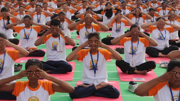 Final dress rehearsal for upcoming International Yoga Day at Ramabi Ambedkar Maidan in Lucknow, India, on Monday, June 19, 2017.(HT Photo/Subhankar Chakraborty)