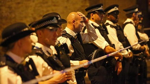 Police officers deployed at the scene of the suspected terror attack. (REUTERS) Police officers deployed at the scene of the suspected terror attack. (REUTERS)