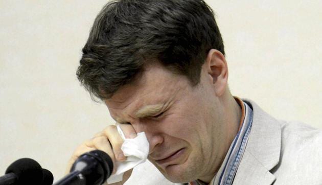 American student Otto Warmbier cries while speaking to reporters in Pyongyang, North Korea in February, 2016. The family of Warmbier who died days after being released from North Korea in a coma said the 22-year-old "has completed his journey home." (AP File) American student Otto Warmbier cries while speaking to reporters in Pyongyang, North Korea in February, 2016. The family of Warmbier who died days after being released from North Korea in a coma said the 22-year-old "has completed his journey home." (AP File)