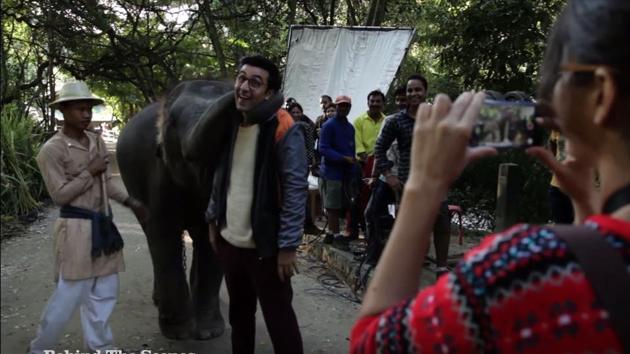 Ranbir Kapoor poses with the elephant as Katrina Kaif captures the fun on Jagga Jasoos sets.