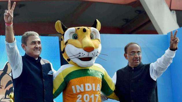Union Sports Minister Vijay Goyal with All India Football Federation (AIFF) President Praful Patel during the launch of logo for U-17 FIFA world cup 2017. (PTI) Union Sports Minister Vijay Goyal with All India Football Federation (AIFF) President Praful Patel during the launch of logo for U-17 FIFA world cup 2017. (PTI)