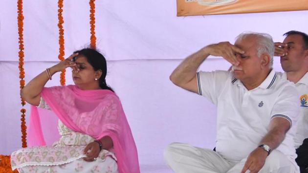 Haryana chief minister Manohar Lal Khattar practising Pranayam at a yoga function in Karnal. (HT Photo) Haryana chief minister Manohar Lal Khattar practising Pranayam at a yoga function in Karnal. (HT Photo)