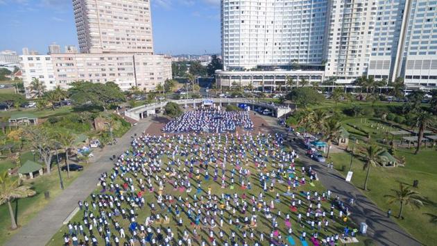 Yoga on the Durban beachfront at the city’s landmark Amphitheater. (India in Durban Twitter) Yoga on the Durban beachfront at the city’s landmark Amphitheater. (India in Durban Twitter)