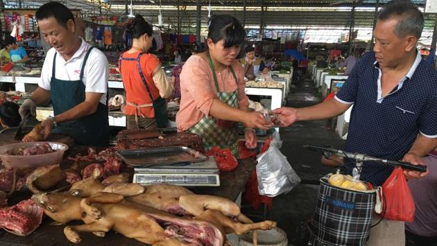 A vendor sells dog meat to a customer at the Nanqiao market in Yulin. Dog meat consumption is not illegal in China, but animal rights groups have sought to stop its sale at the annual festival. (AFP) A vendor sells dog meat to a customer at the Nanqiao market in Yulin. Dog meat consumption is not illegal in China, but animal rights groups have sought to stop its sale at the annual festival. (AFP)