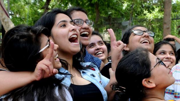 Students celebrate CBSE Class 12 result was announced last month.However, several students had approached the Delhi High Court against CBSE’s decision to scrap re-evaluation especially after several mistakes came to light during re-verification. (Parveen Kumar/HT Photo)