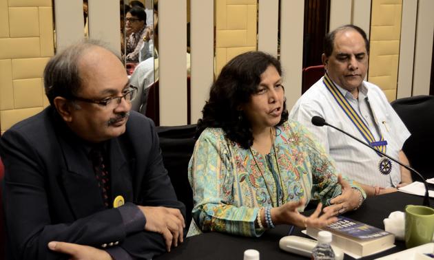 Manjiri Prabhu speaks about her book ‘Trail of Four’ during the talk organised by Rotary club of Pune Riverside. (Ravindra Joshi / HT Photo) Manjiri Prabhu speaks about her book ‘Trail of Four’ during the talk organised by Rotary club of Pune Riverside. (Ravindra Joshi / HT Photo)