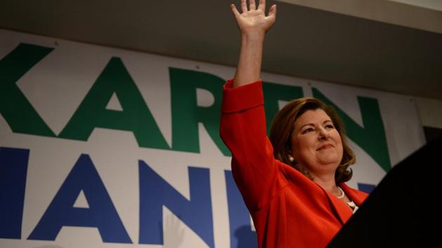 Karen Handel, Republican candidate for Georgia's 6th Congressional District, makes an appearance before supporters prior to giving her acceptance speech at her election night party at the Hyatt Regency at Villa Christina in Atlanta, Georgia, June 20, 2017. (REUTERS) Karen Handel, Republican candidate for Georgia's 6th Congressional District, makes an appearance before supporters prior to giving her acceptance speech at her election night party at the Hyatt Regency at Villa Christina in Atlanta, Georgia, June 20, 2017. (REUTERS)