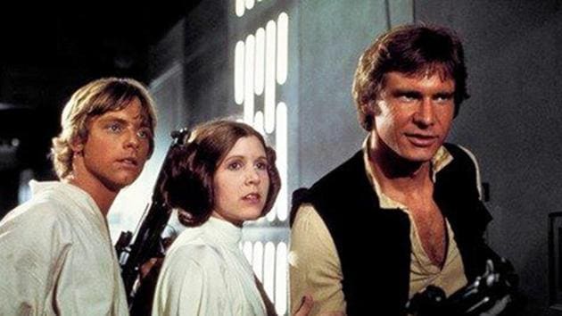 Mark Hamill (from left) as Luke Skywalker, Carrie Fisher as Princess Leia Organa and Harrison Ford as Hans Solo in the original 1977 Star Wars: Episode IV - A New Hope.(AP) Mark Hamill (from left) as Luke Skywalker, Carrie Fisher as Princess Leia Organa and Harrison Ford as Hans Solo in the original 1977 Star Wars: Episode IV - A New Hope.(AP)