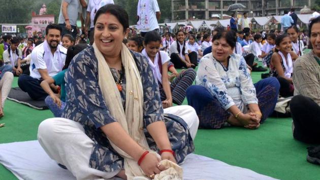 Hamirpur, Himachal Pradesh, India June 21: Union textile minister Smriti Irani during an event on International Yoga day at Hamirpur district of Himachal Pradesh on Wednesday. (HT Photo) Hamirpur, Himachal Pradesh, India June 21: Union textile minister Smriti Irani during an event on International Yoga day at Hamirpur district of Himachal Pradesh on Wednesday. (HT Photo)