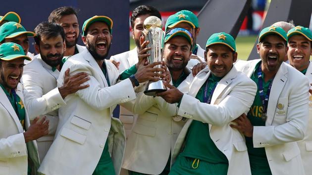 Pakistan's Sarfraz Ahmed (3rd R) holds the trophy as Pakistan players celebrate their win at the presentation after the ICC Champions Trophy final cricket match between India and Pakistan at The Oval in London on June 18. (AFP Photo) Pakistan's Sarfraz Ahmed (3rd R) holds the trophy as Pakistan players celebrate their win at the presentation after the ICC Champions Trophy final cricket match between India and Pakistan at The Oval in London on June 18. (AFP Photo)