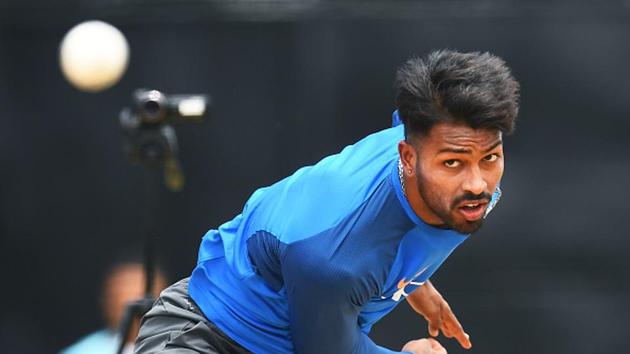 India's Hardik Pandya delivers a ball during a practice session at the Queen's Park Oval in Port of Spain, Trinidad. (AFP/Getty Images)