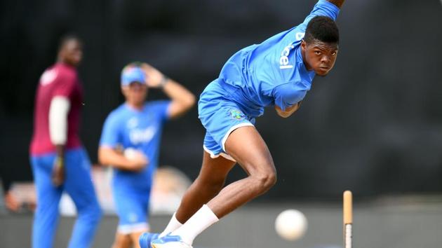 West Indies' Alzarri Joseph delivers a ball during the practice session. (AFP) West Indies' Alzarri Joseph delivers a ball during the practice session. (AFP)