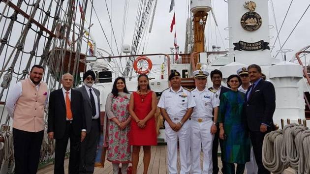 The Mexican Ambassador to India, Melba Pría, (in red) and guests on board the Cuauhtemoc. The ship has already covered Panama, the United States, Spain, Italy, Greece and Egypt. (HT PHOTO)