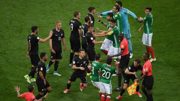 Players fight during the 2017 Confederations Cup group A football match between Mexico and New Zealand at the Fisht Stadium in Sochi. (AFP) Players fight during the 2017 Confederations Cup group A football match between Mexico and New Zealand at the Fisht Stadium in Sochi. (AFP)