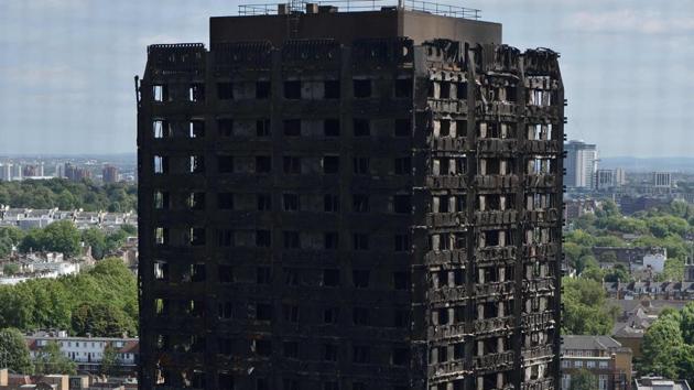 (FILES) This file photo taken on June 16, 2017 shows The remains of Grenfell Tower, a residential tower block in west London which was gutted by fire, are pictured on June 16, 2017. Combustible cladding has been found in "a number" of publicly-owned tower blocks in Britain following emergency checks after a devastating fire in London, British Prime Minister Theresa May said June 22, 2017. (AFP) (FILES) This file photo taken on June 16, 2017 shows The remains of Grenfell Tower, a residential tower block in west London which was gutted by fire, are pictured on June 16, 2017. Combustible cladding has been found in "a number" of publicly-owned tower blocks in Britain following emergency checks after a devastating fire in London, British Prime Minister Theresa May said June 22, 2017. (AFP)