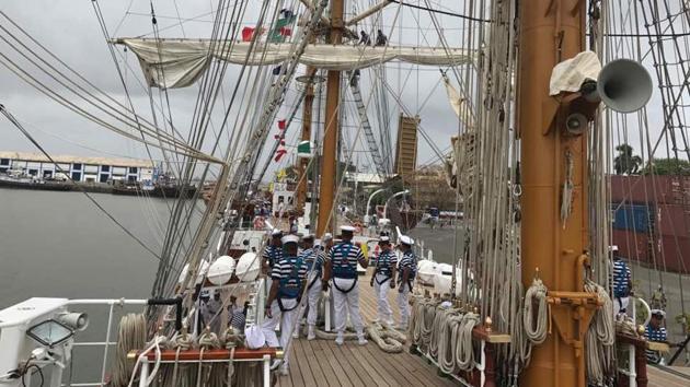 Mexican navy cadets on board the Cuauhtémoc. After India, the ship will set sail to Singapore, the Philippines, China, South Korea, Japan and the United States, before ending its journey at the Mexican port of Acapulco. (HT PHOTO)