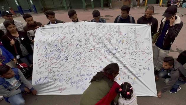 People participate in a signature campaign demanding for separate state of Gorkhaland in Darjeeling on Thursday.