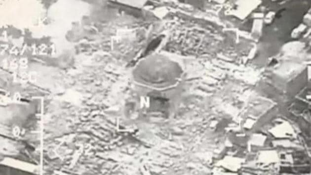 A still image taken from video shows a close up of the destroyed al-Nuri Mosque of Mosul in Iraq, June 21, 2017.(Iraqi Military Handout/via Reuters TV) A still image taken from video shows a close up of the destroyed al-Nuri Mosque of Mosul in Iraq, June 21, 2017.(Iraqi Military Handout/via Reuters TV)