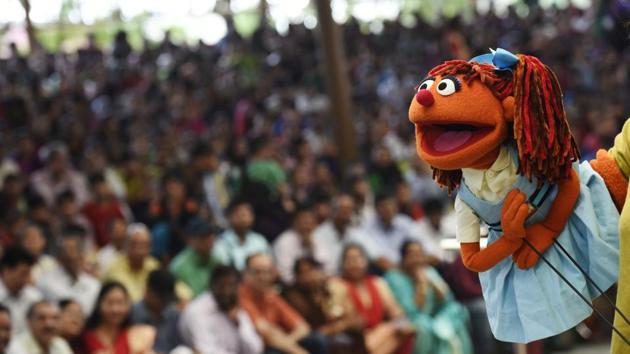 Chamki, a character from the TV series Galli Galli Sim Sim, and a mascot for girl child education also made an appearance at the showcase. (Saumya Khandelwal/HT PHOTO) Chamki, a character from the TV series Galli Galli Sim Sim, and a mascot for girl child education also made an appearance at the showcase. (Saumya Khandelwal/HT PHOTO)