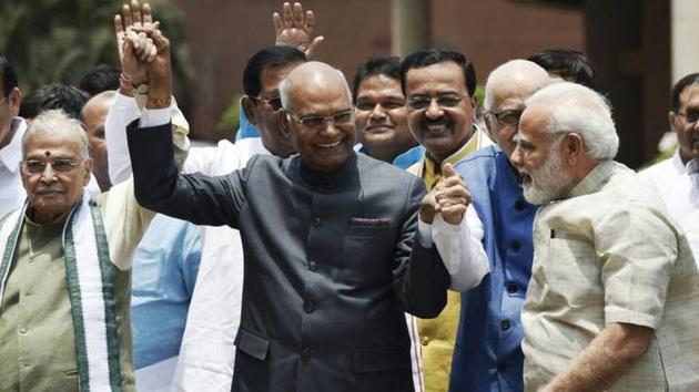 NDA presidential nominee Ram Nath Kovind with Prime Minister Narendra Modi, veteran leaders L K Advani, Murli Manohar Joshi and other leaders after filing his nomination papers in Parliament on Friday. (Vipin Kumar/HT photo) NDA presidential nominee Ram Nath Kovind with Prime Minister Narendra Modi, veteran leaders L K Advani, Murli Manohar Joshi and other leaders after filing his nomination papers in Parliament on Friday. (Vipin Kumar/HT photo)
