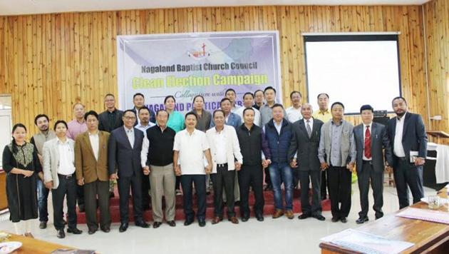 Representatives of political parties and Nagaland Baptist Church Council office bearers after signing the agreement in Kohima on Thursday. (Photo courtesy: Nagaland Post) Representatives of political parties and Nagaland Baptist Church Council office bearers after signing the agreement in Kohima on Thursday. (Photo courtesy: Nagaland Post)