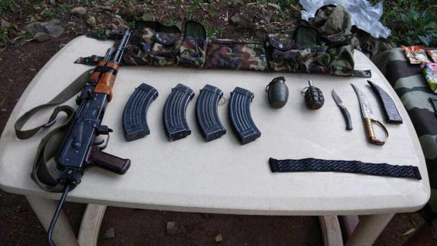 Some of the weapons recovered from the slain gunman in Jammu and Kashmir’s Poonch. (HT Photo) Some of the weapons recovered from the slain gunman in Jammu and Kashmir’s Poonch. (HT Photo)