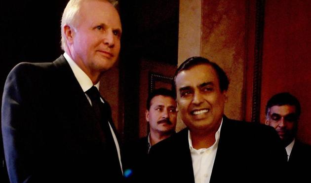 BP Plc Chief Executive Officer Bob Dudley and Reliance Industries Limited Chairman Mukesh Ambani after a press conference in New Delhi recently. (PTI) BP Plc Chief Executive Officer Bob Dudley and Reliance Industries Limited Chairman Mukesh Ambani after a press conference in New Delhi recently. (PTI)