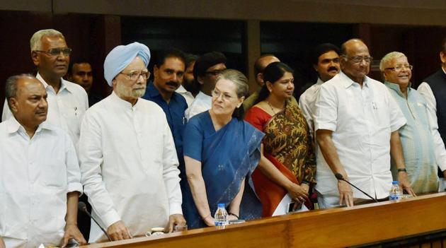 Congress president Sonia Gandhi with former PM Manmohan Singh, NCP chief Sharad Pawar, RJD supremo Lalu Prasad and other leaders at a meeting to select their presidential nominee, in New Delhi on Thursday. Former Lok Sabha Speaker Meira Kumar was announced as their candidate for upcoming presidential poll.(PTI Photo) Congress president Sonia Gandhi with former PM Manmohan Singh, NCP chief Sharad Pawar, RJD supremo Lalu Prasad and other leaders at a meeting to select their presidential nominee, in New Delhi on Thursday. Former Lok Sabha Speaker Meira Kumar was announced as their candidate for upcoming presidential poll.(PTI Photo)