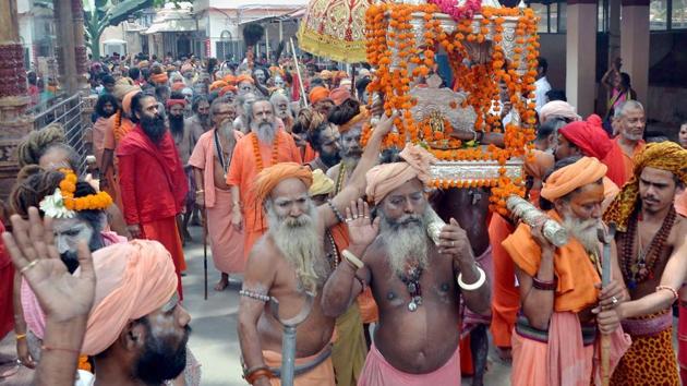 Sadhus taking out a procession on the eve of Ambubachi Mela, at Kamakhya temple. (PTI) Sadhus taking out a procession on the eve of Ambubachi Mela, at Kamakhya temple. (PTI)