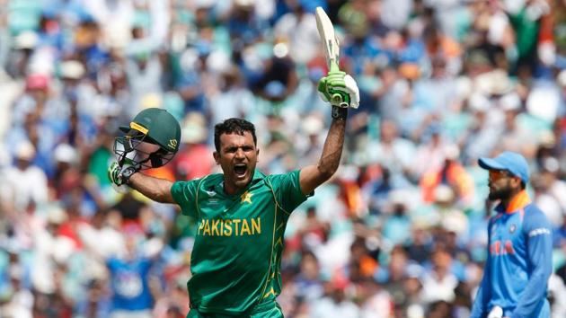 Pakistan's Fakhar Zaman celebrates reaching his 100 during the ICC Champions Trophy final against India at The Oval in London on June 18.(AFP)