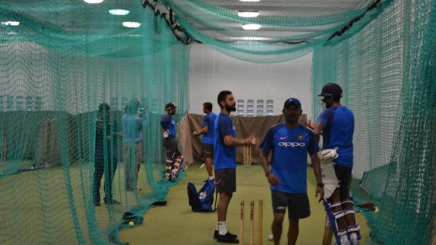 Virat Kohli conducts an indoor practice session ahead of the second ODI against the West Indies.(HT Photo)