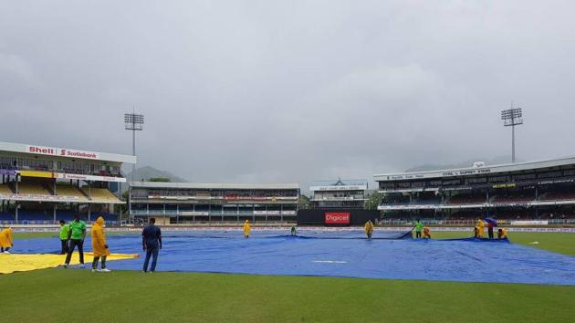 Eventually, a target of 196 in 26 overs was set for the West Indies but just as the crease was being drawn, it began pelting. (Twitter ) Eventually, a target of 196 in 26 overs was set for the West Indies but just as the crease was being drawn, it began pelting. (Twitter )