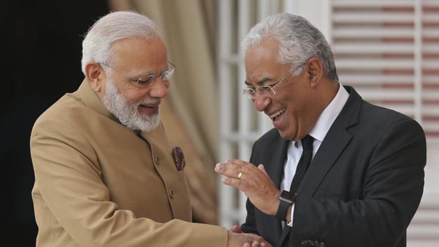 Prime Ministers Narendra Modi (left) and Antonio Costa at the Necessidades Palace, the Portuguese foreign ministry in Lisbon, Portugal, on June 24, 2017.(AP Photo)