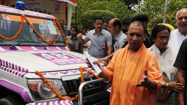 Chief minister Yogi Adityanath inaugurates 181 women helplines after launching a scheme to stop female foeticide in Lucknow on Saturday . (Subhankar Chakraborty/HT PHOTO) Chief minister Yogi Adityanath inaugurates 181 women helplines after launching a scheme to stop female foeticide in Lucknow on Saturday . (Subhankar Chakraborty/HT PHOTO)