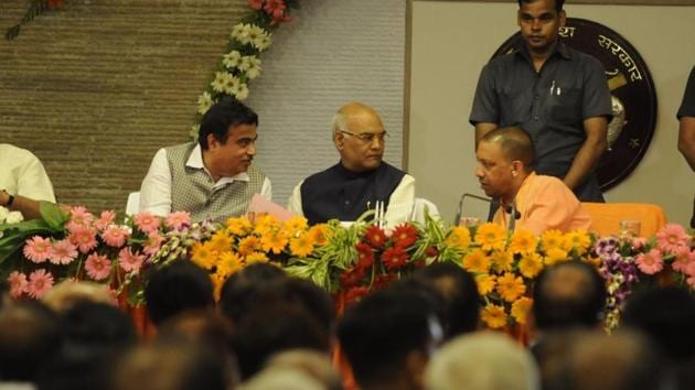 Union minister Nitin Gadkari with the NDA’s presidential candidate Ram Nath Kovind and UP chief minister Yogi Adityanath in Lucknow on Sunday. (Deepak Gupta/HT Photo) Union minister Nitin Gadkari with the NDA’s presidential candidate Ram Nath Kovind and UP chief minister Yogi Adityanath in Lucknow on Sunday. (Deepak Gupta/HT Photo)