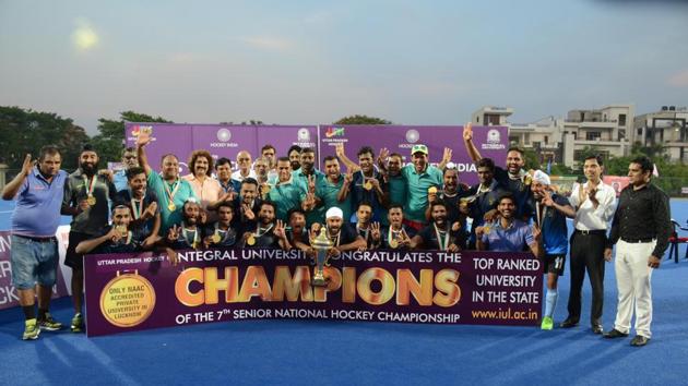 The victorious Railways team after winning the Senior National Hockey Championship trophy. (HT Photo) The victorious Railways team after winning the Senior National Hockey Championship trophy. (HT Photo)