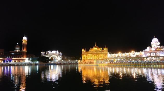 The Golden Temple is illuminated especially on festivals. The new lighting will be a permanent feature.(Sameer Sehgal/HT Photo)