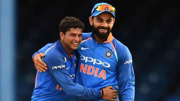 Kuldeep Yadav took three wickets as India thrashed West Indies by 105 runs in the second ODI of the five-match series at Port of Spain.(Twitter)